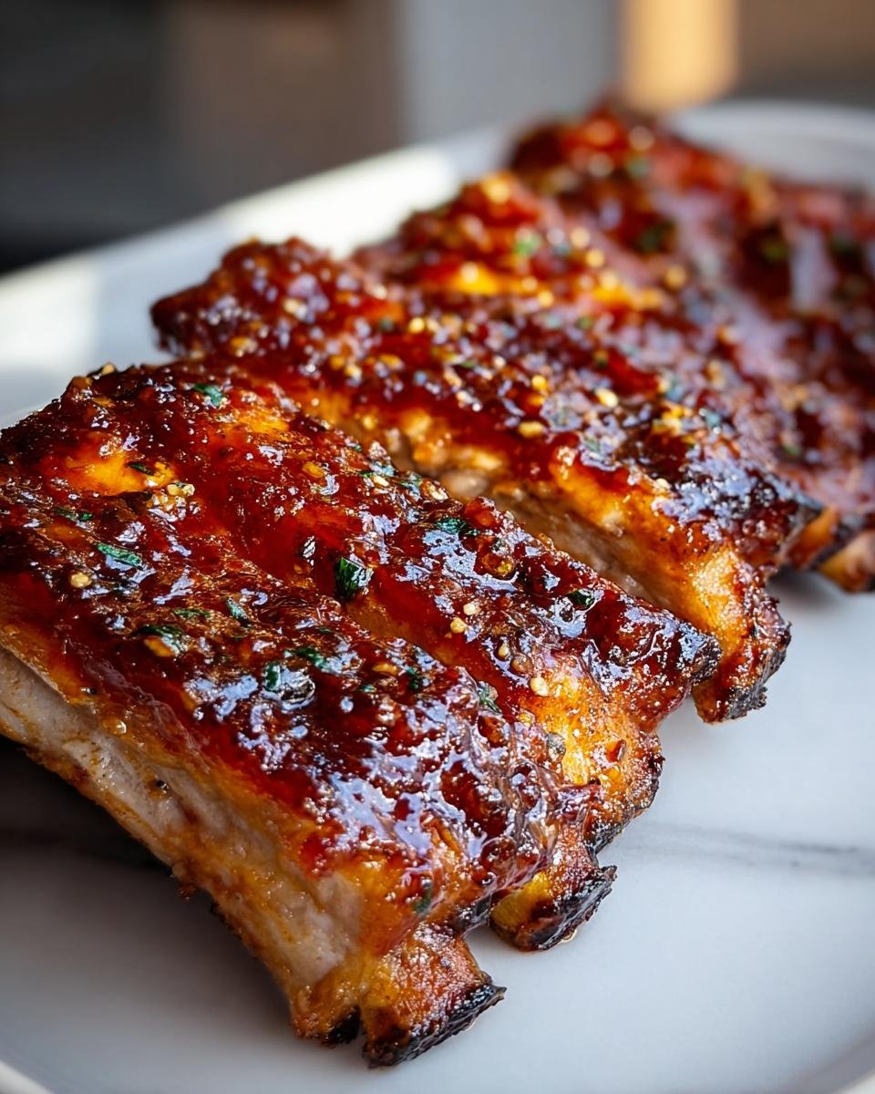 Close-up of perfectly glazed Honey Garlic Ribs Recipe pieces on a white platter.