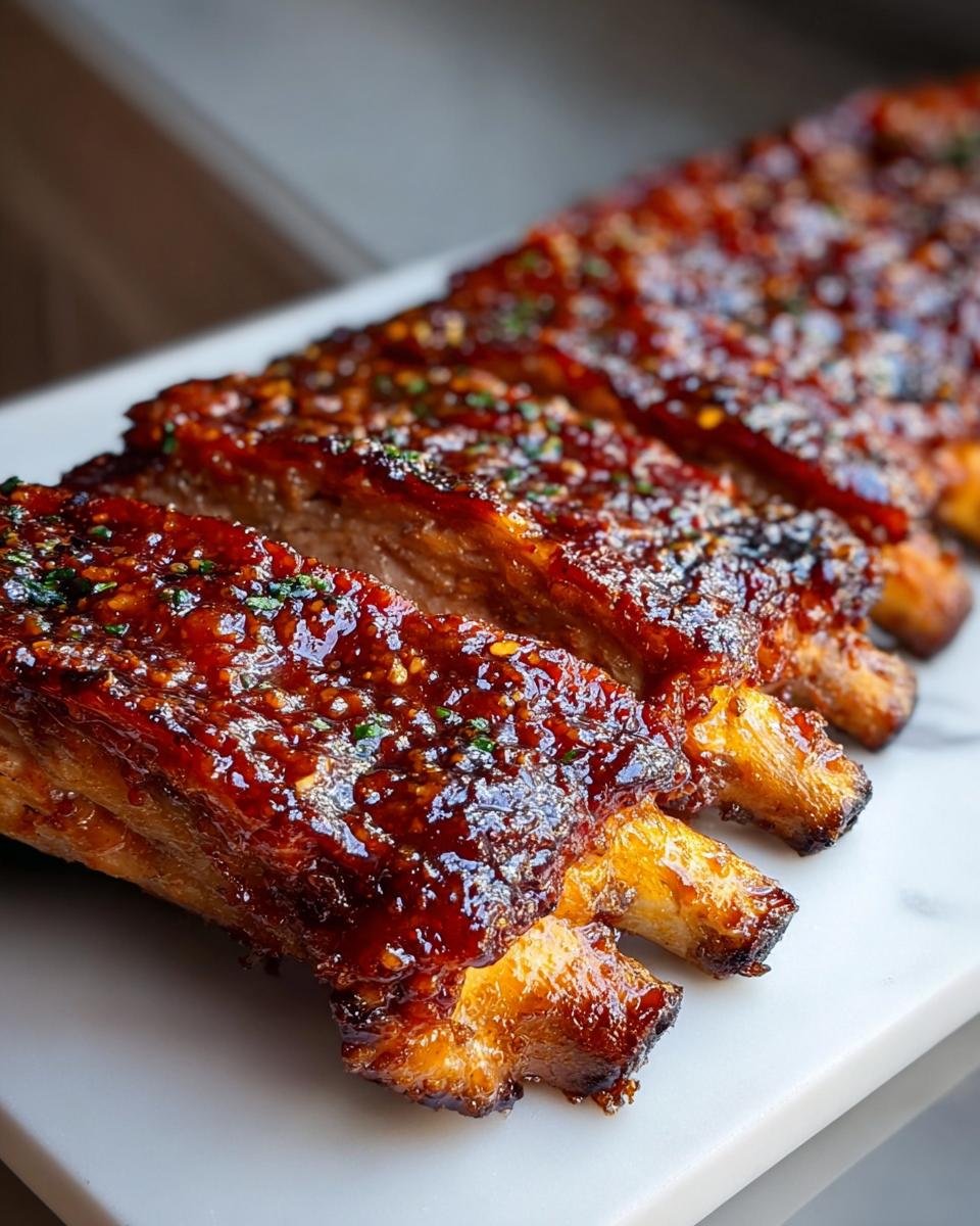 Close-up of perfectly glazed, sticky Honey Garlic Ribs Recipe slices arranged on a white serving platter.