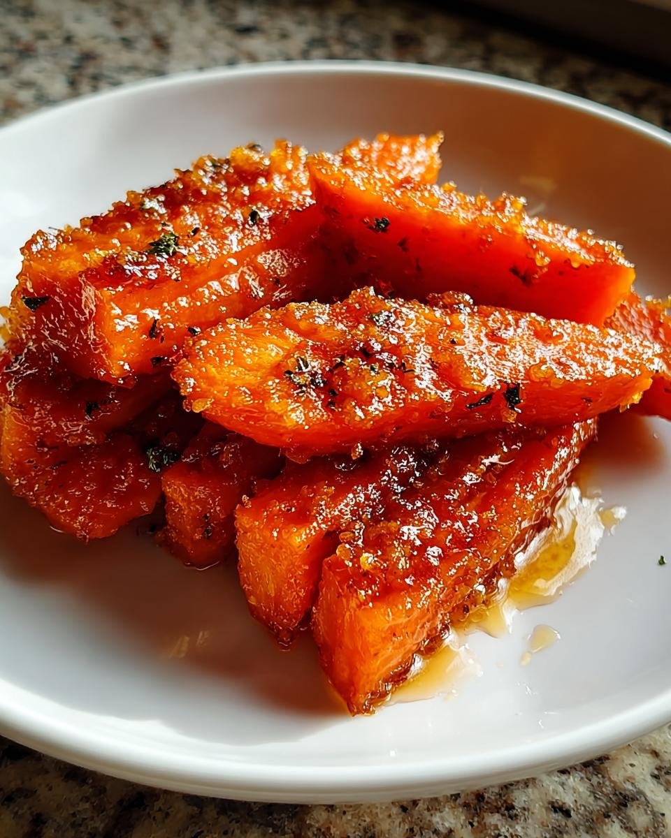 Nahaufnahme von leuchtend orangefarbenen Honigglasierte Karotten, glasiert und mit Kräutern bestreut, in einer weißen Schale.