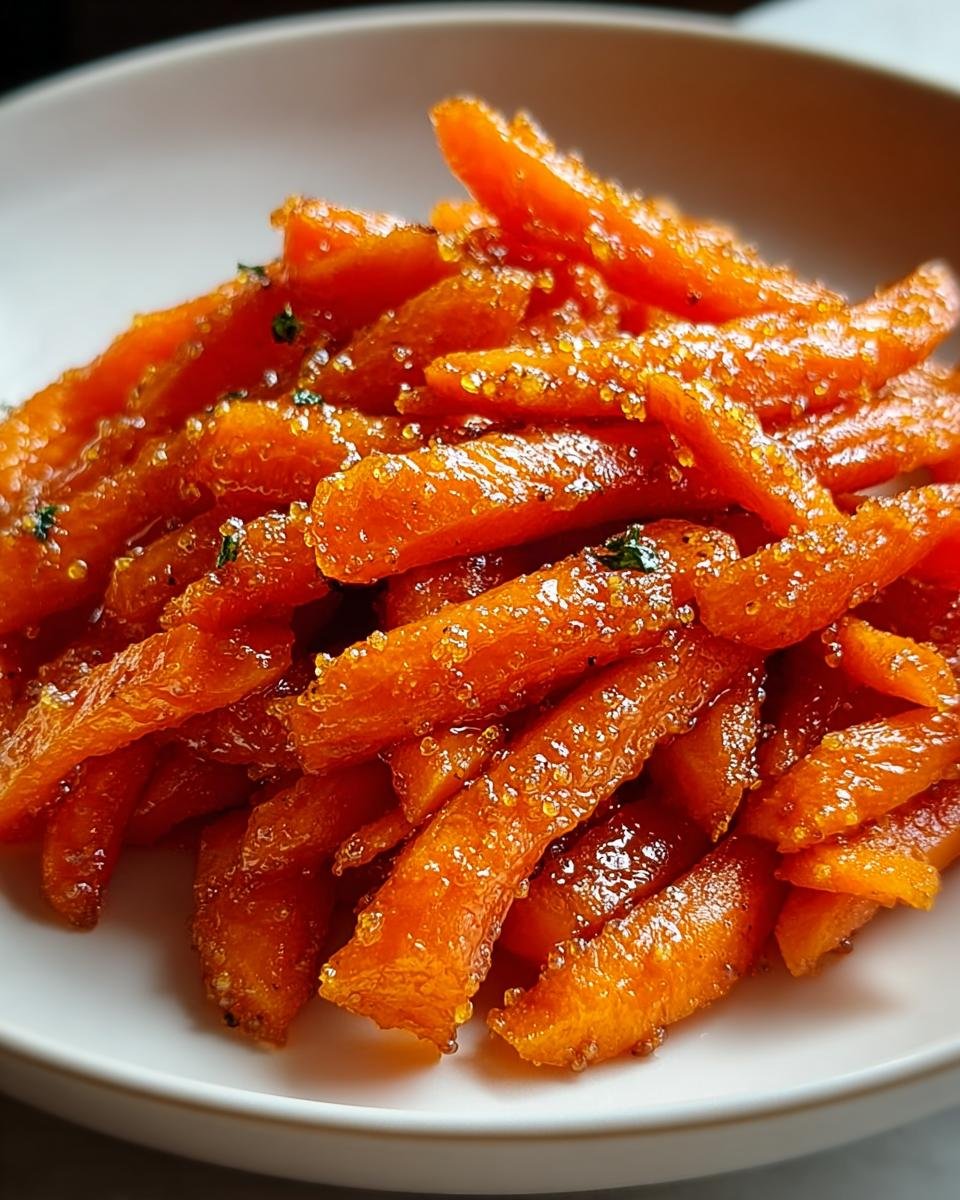 Nahaufnahme von leuchtend orangefarbenen Honigglasierte Karotten, die mit einer glänzenden Honigglasur überzogen sind.