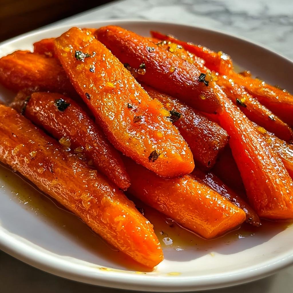 Nahaufnahme von leuchtend orangefarbenen Honigglasierte Karotten, glasiert und mit Kräutern bestreut.