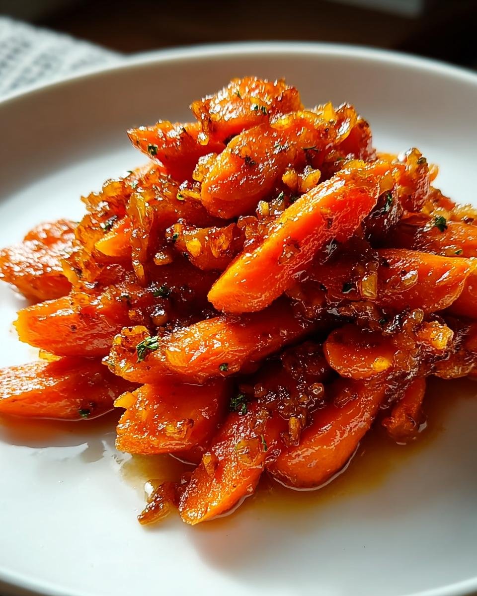 Nahaufnahme von leuchtend orangefarbenen Honigglasierte Karotten, glänzend und mit Kräutern bestreut, auf einem weißen Teller.