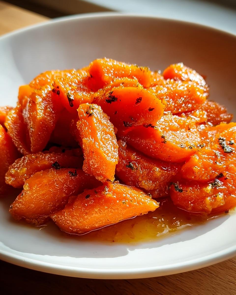 Nahaufnahme von leuchtend orangefarbenen, glasierten Honigglasierte Karotten mit dunklen Kräutern in einer weißen Schale.