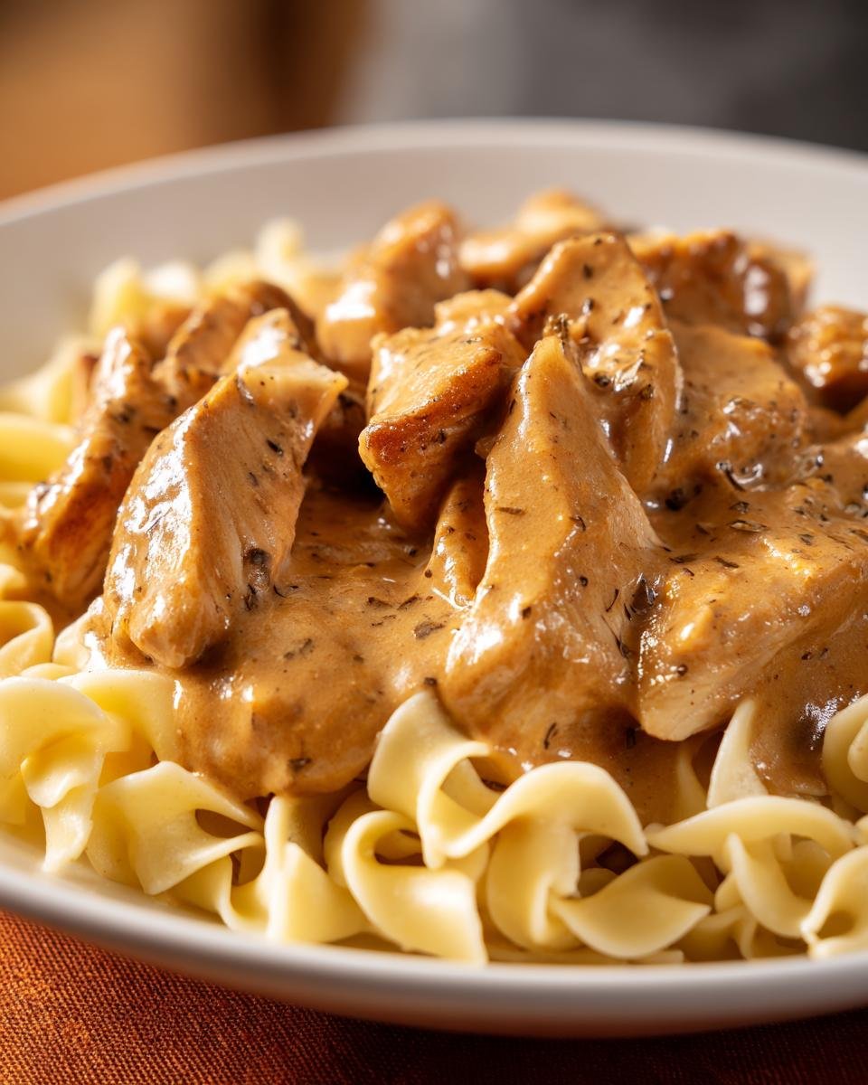 Nahaufnahme von saftigem Hühnchen Stroganoff in cremiger Sauce, serviert auf breiten Bandnudeln.