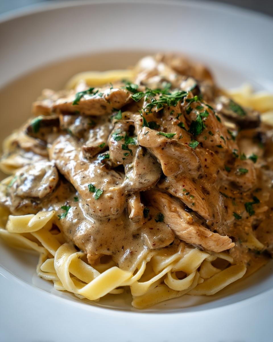 Nahaufnahme von Hühnchen Stroganoff in cremiger Pilzsoße auf Bandnudeln, garniert mit Petersilie.