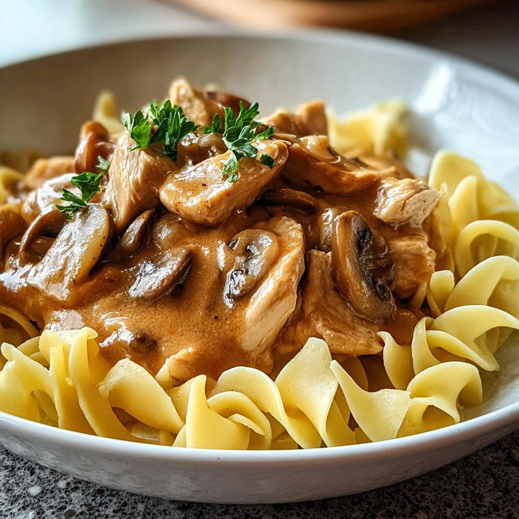 Nahaufnahme von cremigem Hühnchen Stroganoff mit Pilzen auf Eiernudeln, garniert mit Petersilie.