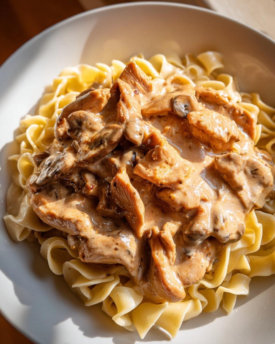 Nahaufnahme von cremigem Hühnchen Stroganoff mit Pilzen, serviert auf breiten Bandnudeln in einer weißen Schüssel.