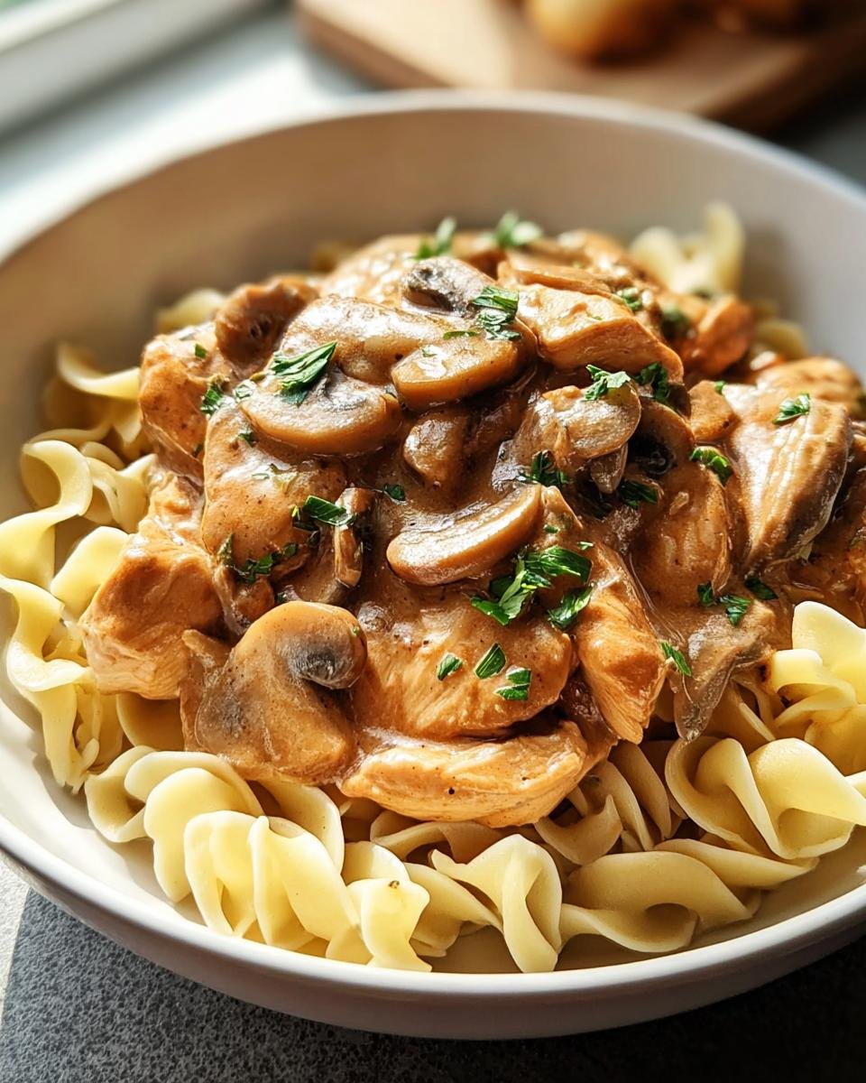 Nahaufnahme von cremigem Hühnchen Stroganoff mit Pilzen auf Eiernudeln, garniert mit Petersilie.