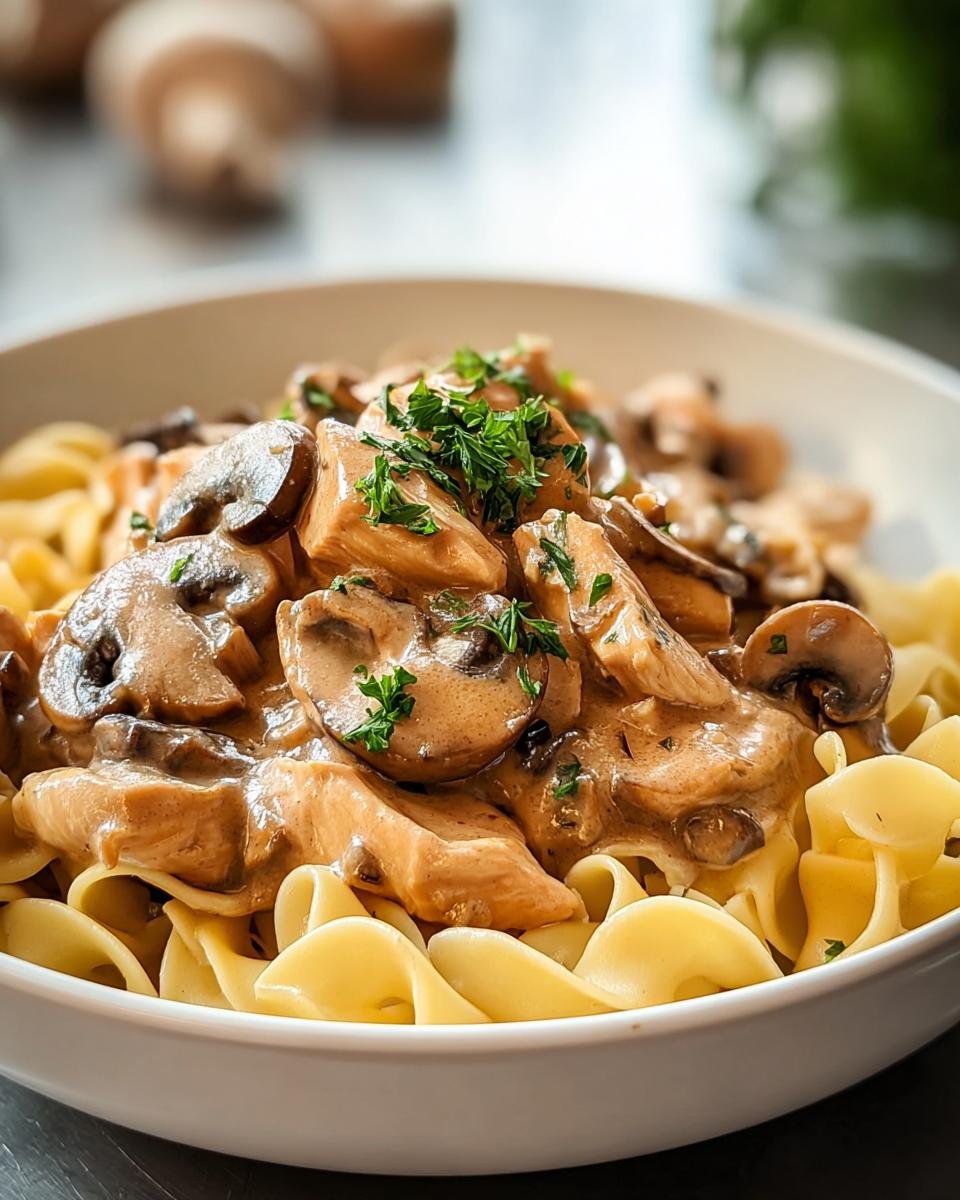 Nahaufnahme von Hühnchen Stroganoff mit cremiger Pilzsoße über Bandnudeln, garniert mit Petersilie.