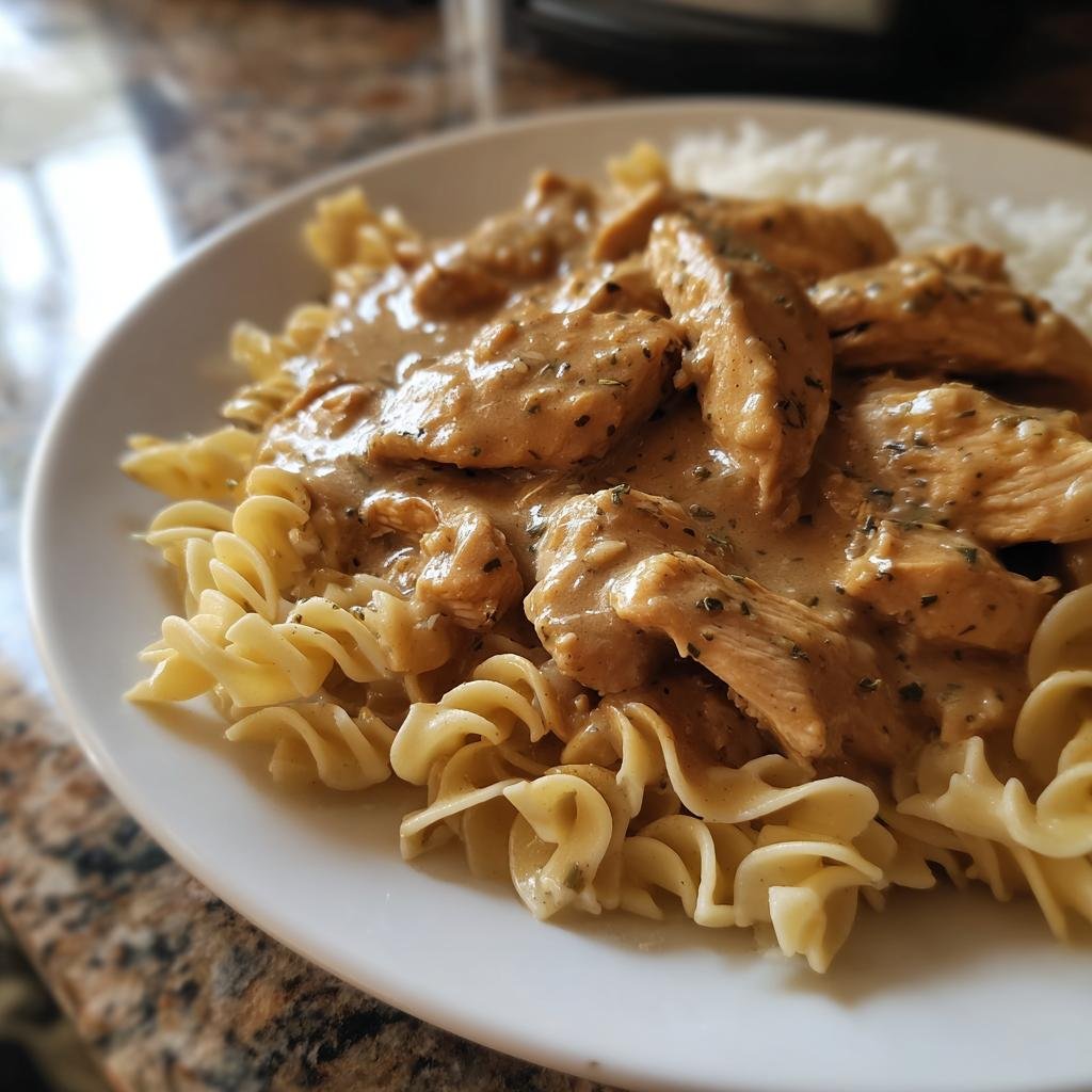 Teller mit Hühnchen Stroganoff in cremiger Soße, serviert auf Spiralnudeln und etwas Reis.