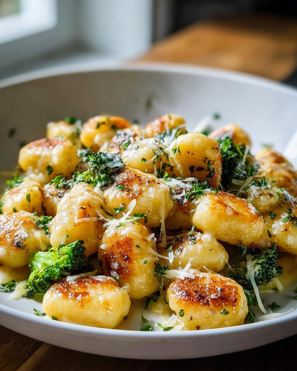 Gebratene Hüttenkäse Gnocchi in einer weißen Schüssel, garniert mit Brokkoli, Parmesan und Petersilie.