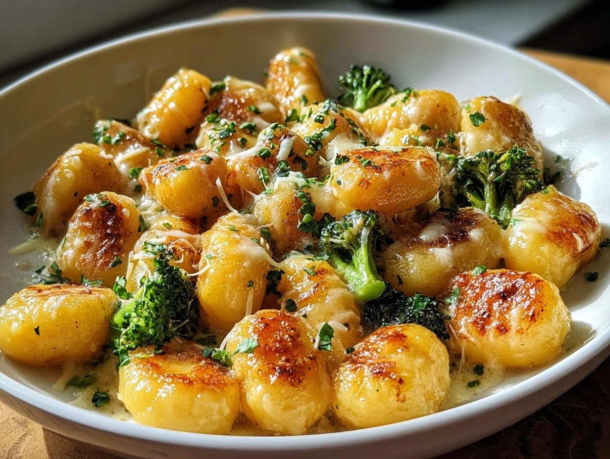 Nahaufnahme von gebratenen Hüttenkäse Gnocchi mit geschmolzenem Käse, Brokkoli und Petersilie in einer weißen Schüssel.