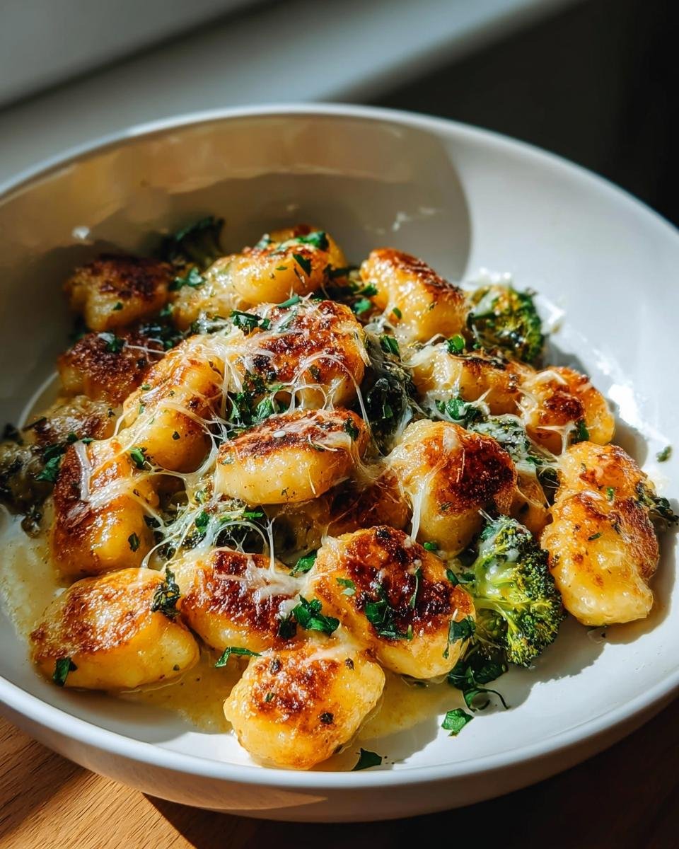 Goldbraun gebratene Hüttenkäse Gnocchi mit geschmolzenem Käse und Brokkoli in einer weißen Schüssel.