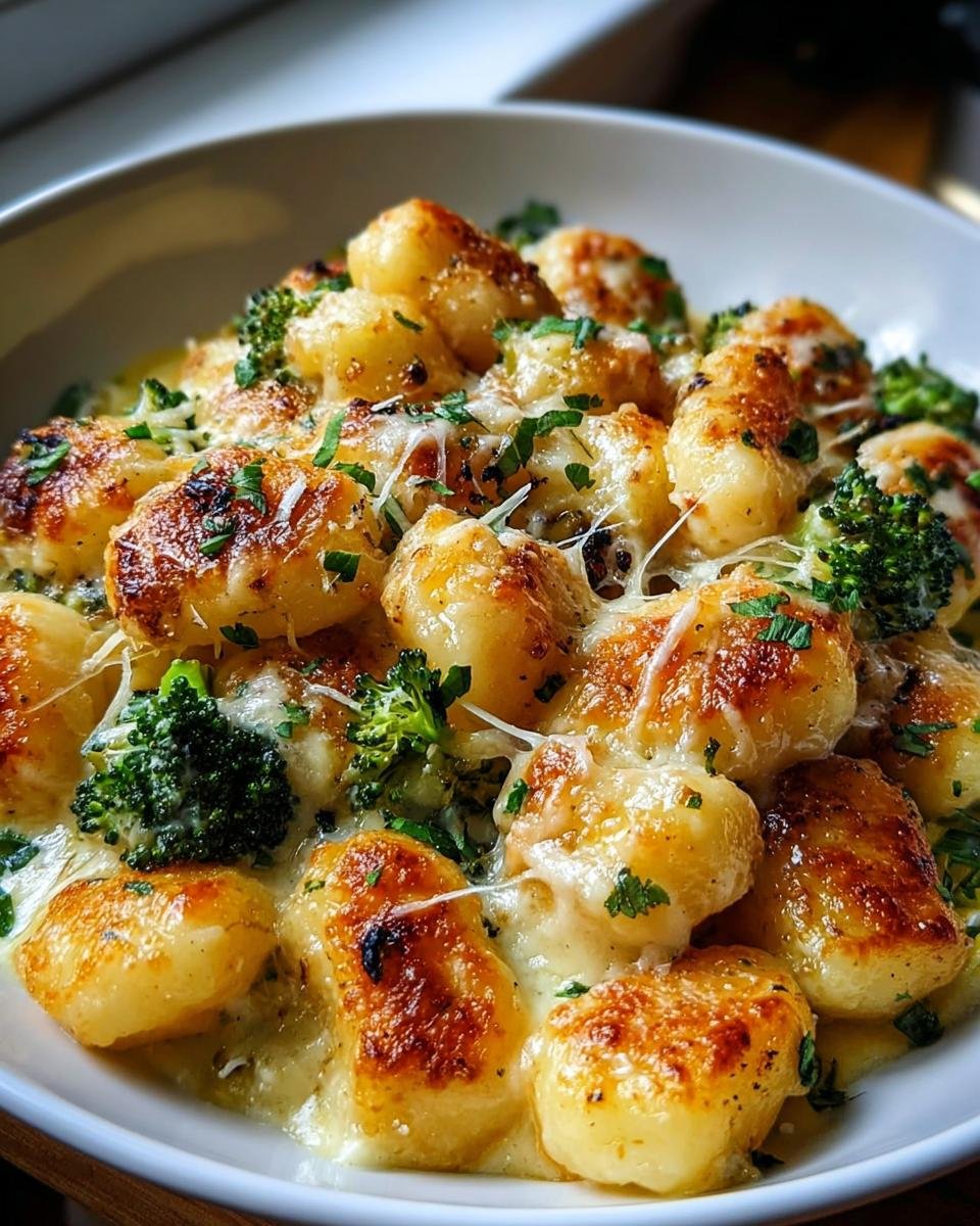 Nahaufnahme von gebratenen Hüttenkäse Gnocchi, bedeckt mit geschmolzenem Käse, Brokkoli und Petersilie.
