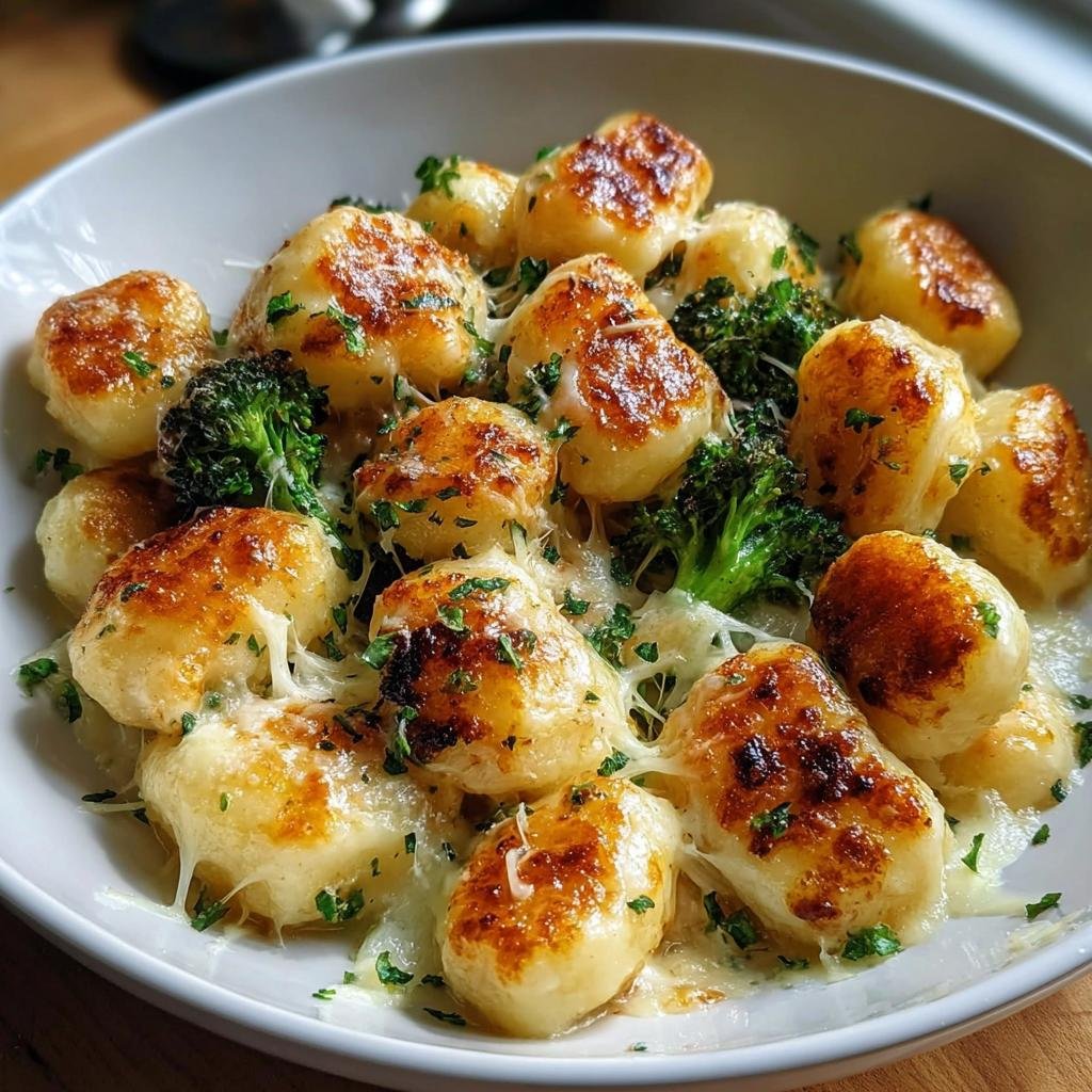 Eine Nahaufnahme von gebratenen Hüttenkäse Gnocchi, überbacken mit geschmolzenem Käse und garniert mit Brokkoli und Petersilie.