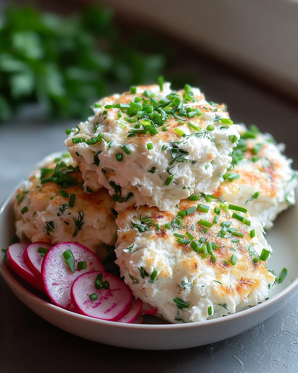 Stapel von gebratenen Hüttenkäse Protein-Patties, garniert mit frischem Schnittlauch und Radieschenscheiben.