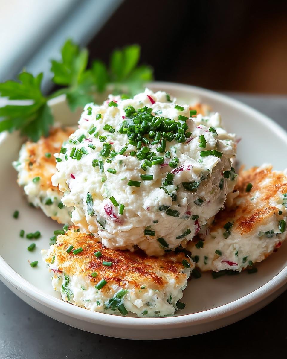 Gebratene Hüttenkäse Küchlein, garniert mit einer großen Portion Kräuter-Hüttenkäse-Masse.