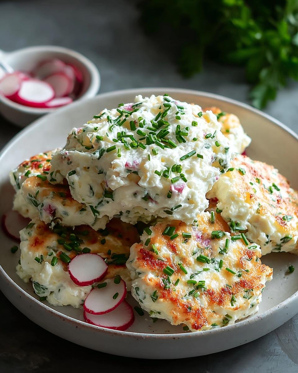 Gebratene Hüttenkäse Protein-Rezept Bratlinge, üppig belegt mit Kräuterquark und Schnittlauch.