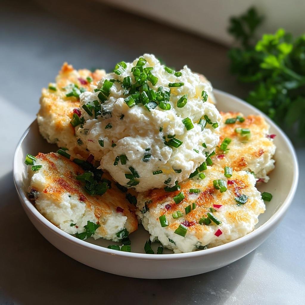 Teller mit gebratenen Hüttenkäse Küchlein, belegt mit viel Hüttenkäse und Schnittlauch.