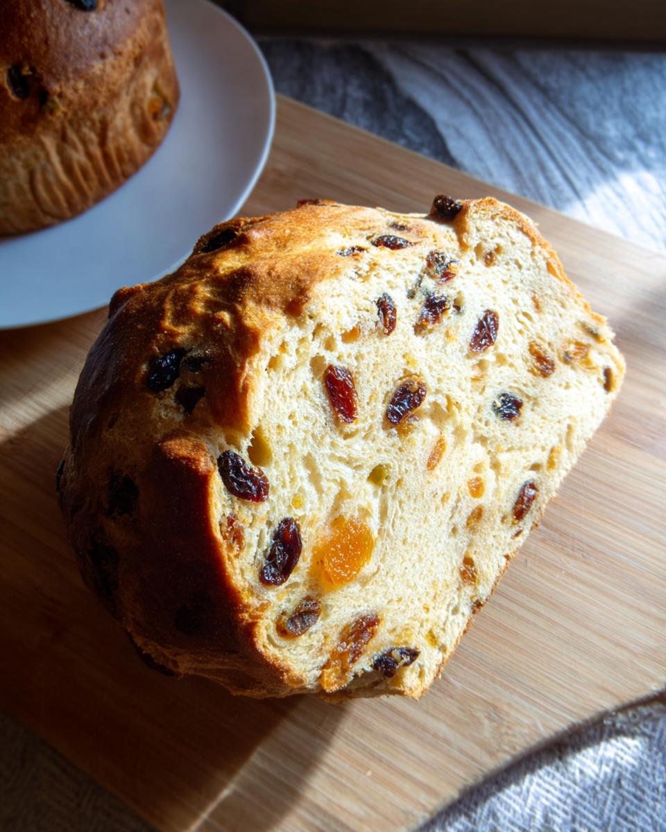 Nahaufnahme eines aufgeschnittenen Stücks Julekake Rezept, reich an Rosinen und getrockneten Früchten.