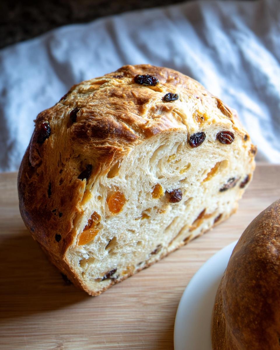 Nahaufnahme eines angeschnittenen Julekake Rezept Brotes mit sichtbaren Rosinen und getrockneten Früchten in der weichen Krume.