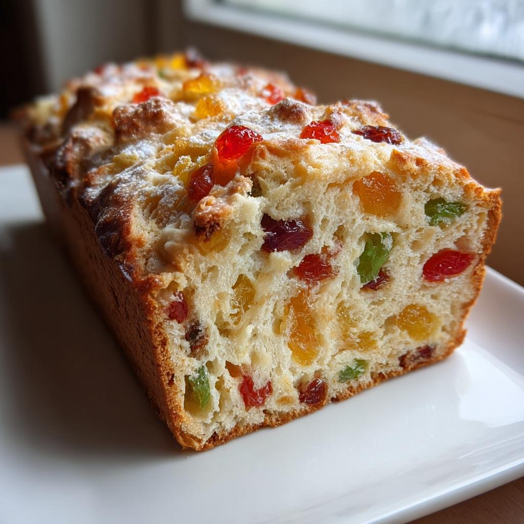 Nahaufnahme des Anschnitts eines saftigen Julekake Rezept, reich an bunten kandierten Früchten und bestäubt mit Puderzucker.