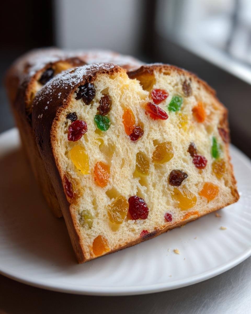 Nahaufnahme eines aufgeschnittenen Julekake Rezept Brotes, reich an bunten kandierten Früchten und Rosinen.