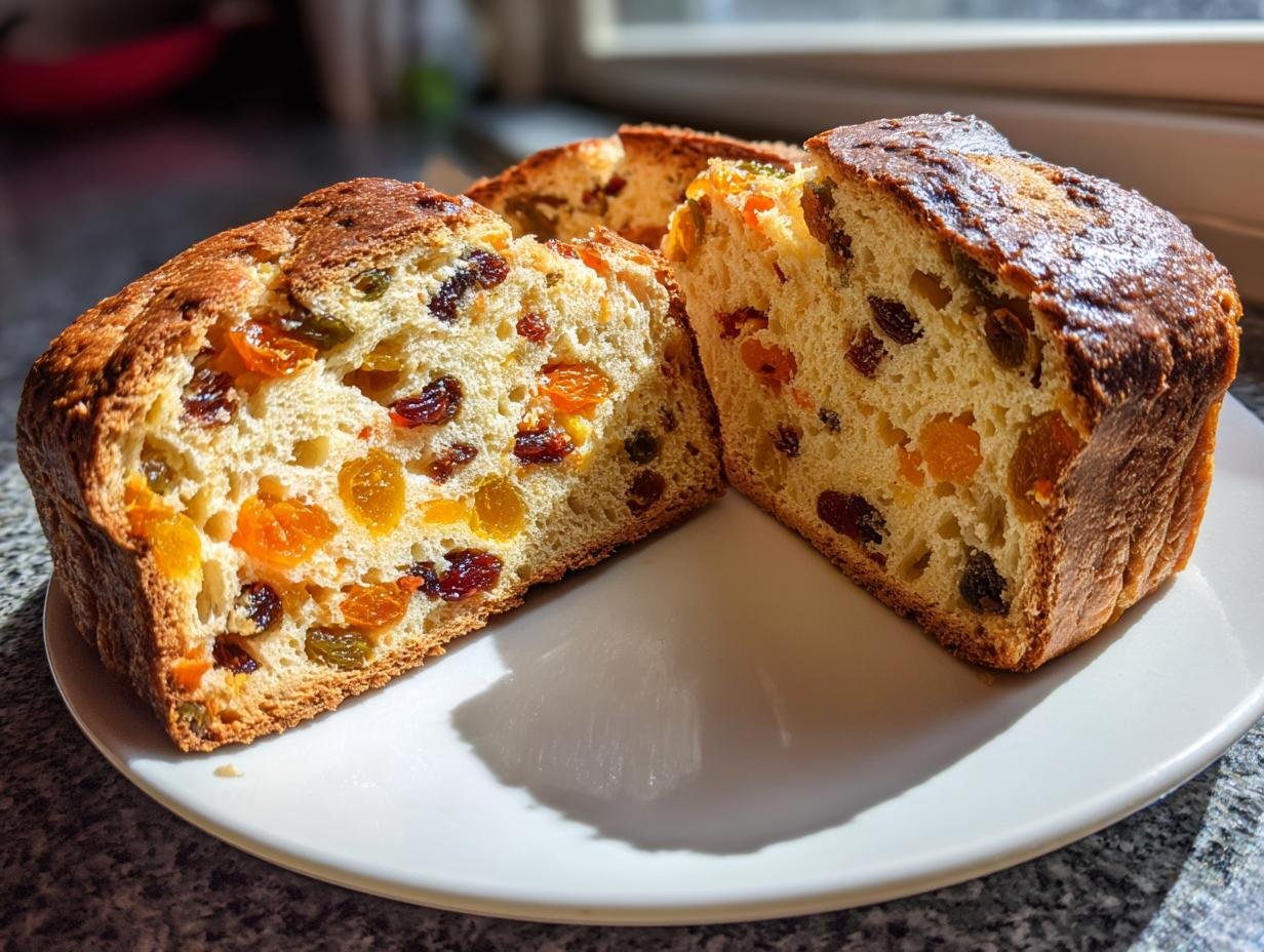 Zwei Scheiben des saftigen Julekake Rezept Brotes mit vielen getrockneten Früchten, auf einem weißen Teller.