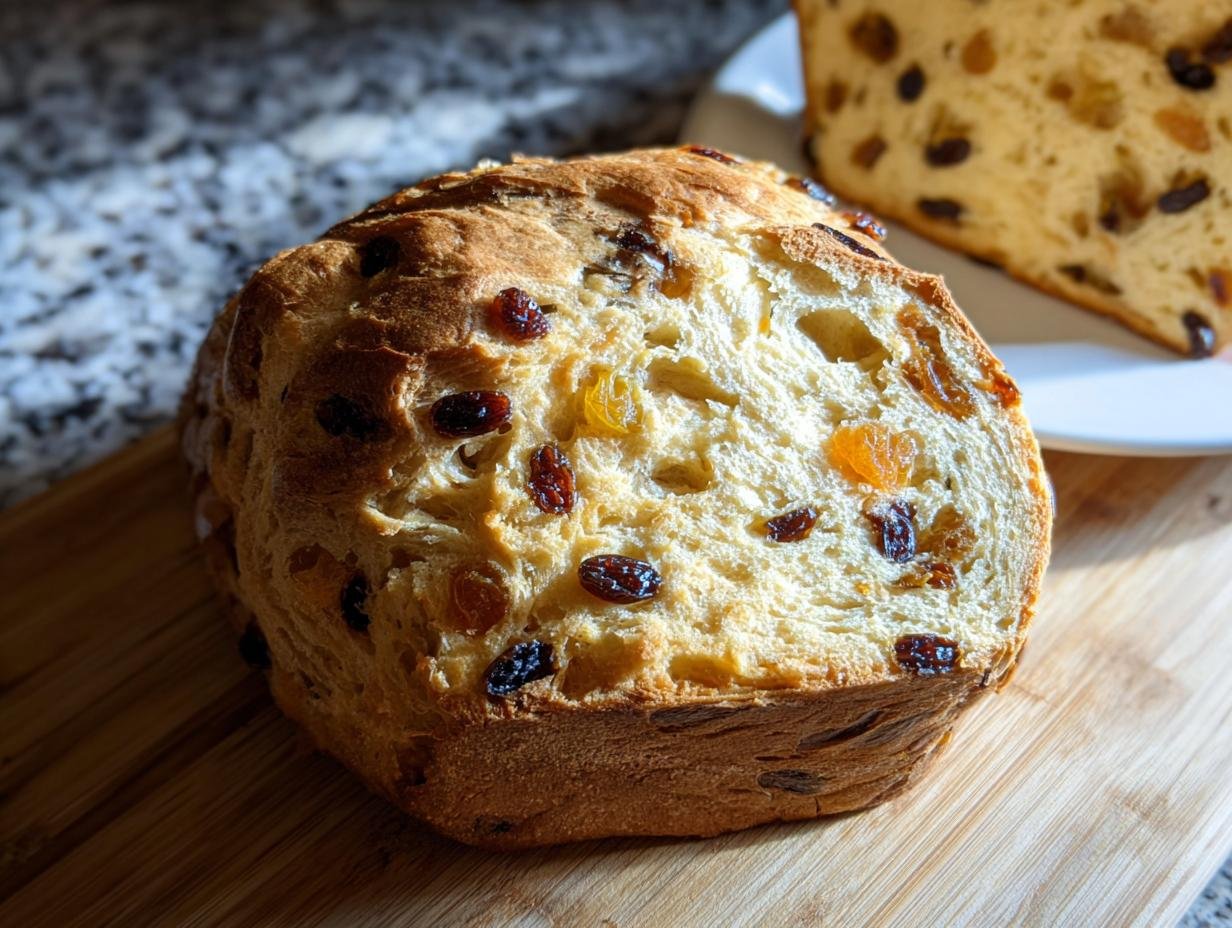 Anschnitt eines frisch gebackenen Julekake Rezept – Norwegisches Weihnachtsbrot mit Rosinen und getrockneten Früchten.