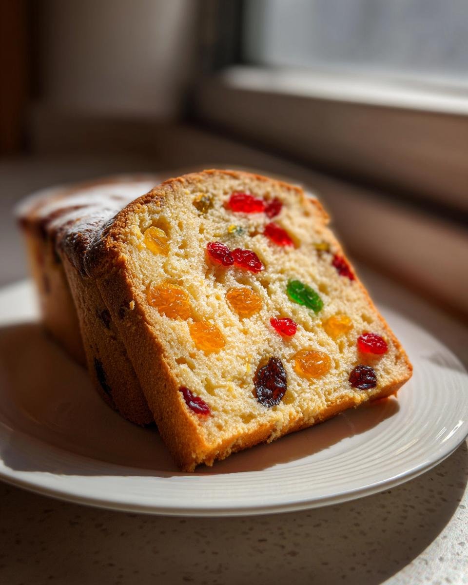 Nahaufnahme einer Scheibe Julekake Rezept, reich an bunten kandierten Früchten und Rosinen.