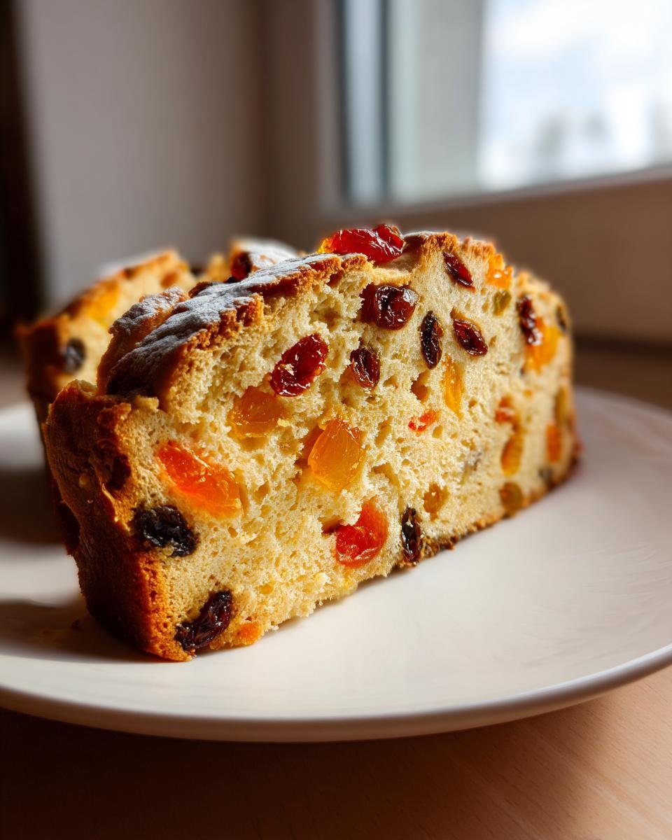Nahaufnahme einer Scheibe Julekake Rezept, reich an Rosinen und kandierten Früchten, auf einem weißen Teller.