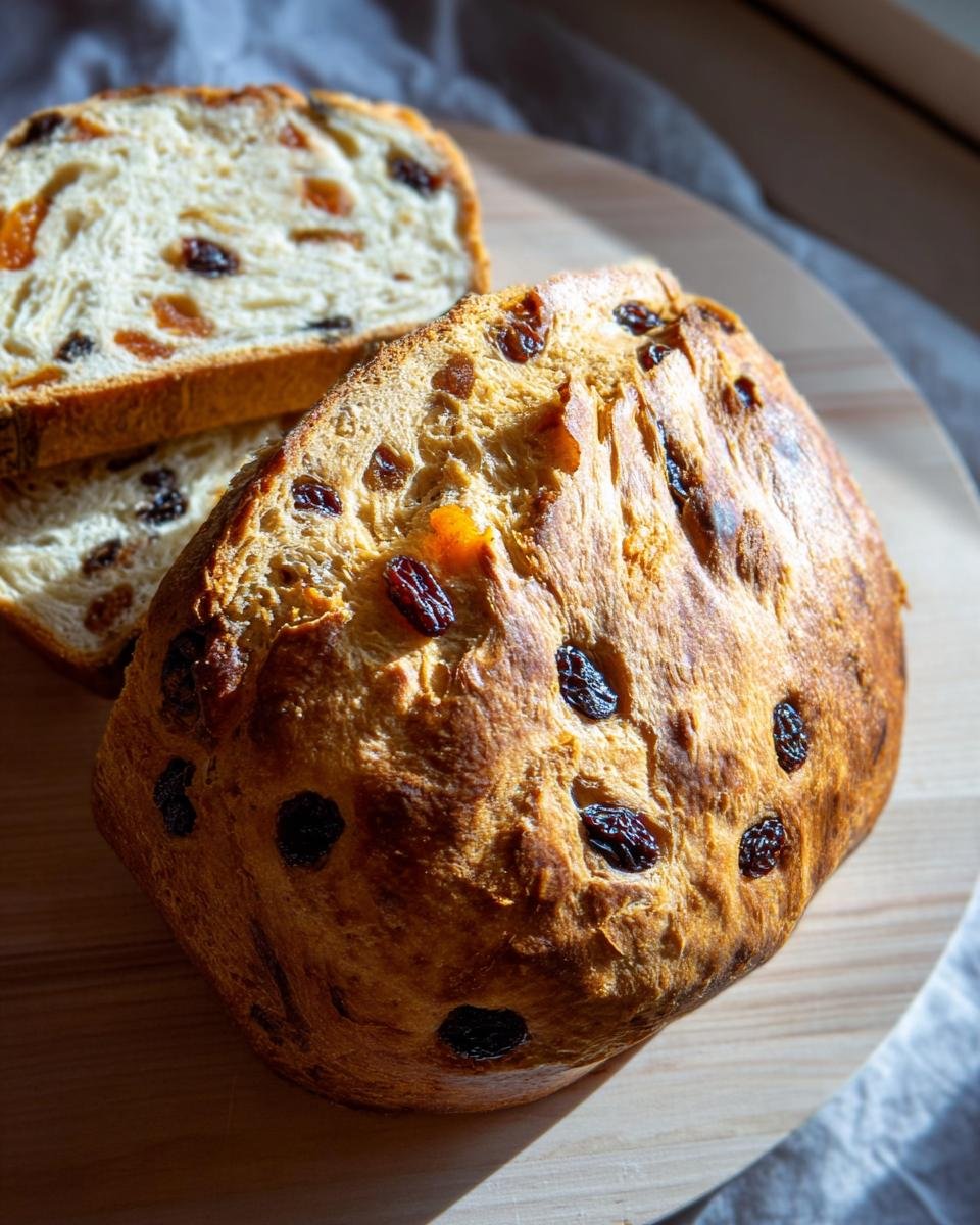 Ein goldbraun gebackenes Julekake Rezept Brot mit Rosinen und getrockneten Früchten, angeschnitten.