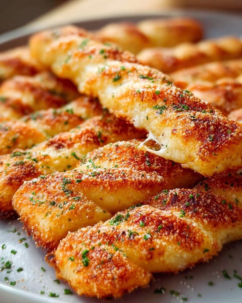 Nahaufnahme von knusprigen, goldbraunen Käsestangen, bestreut mit Parmesan und Petersilie.