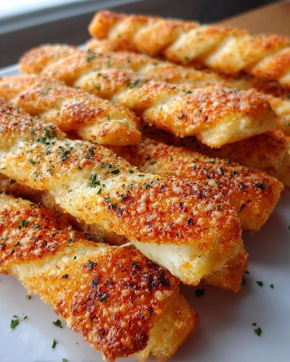 Nahaufnahme von knusprigen, goldbraunen Käsestangen, bestreut mit geriebenem Käse und Petersilie.