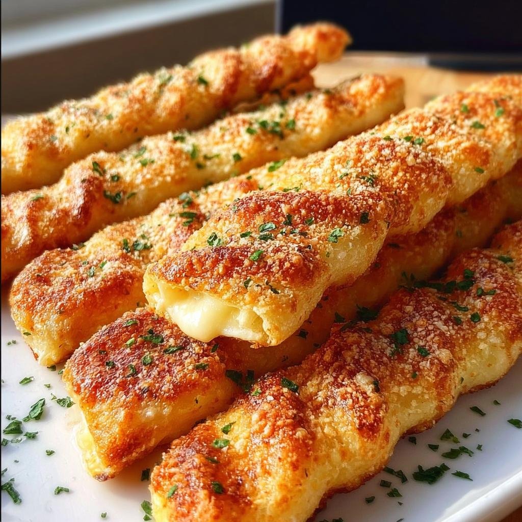 Nahaufnahme von goldbraunen, knusprigen Käsestangen, bei denen eine in der Mitte geschmolzenen Käse zeigt.