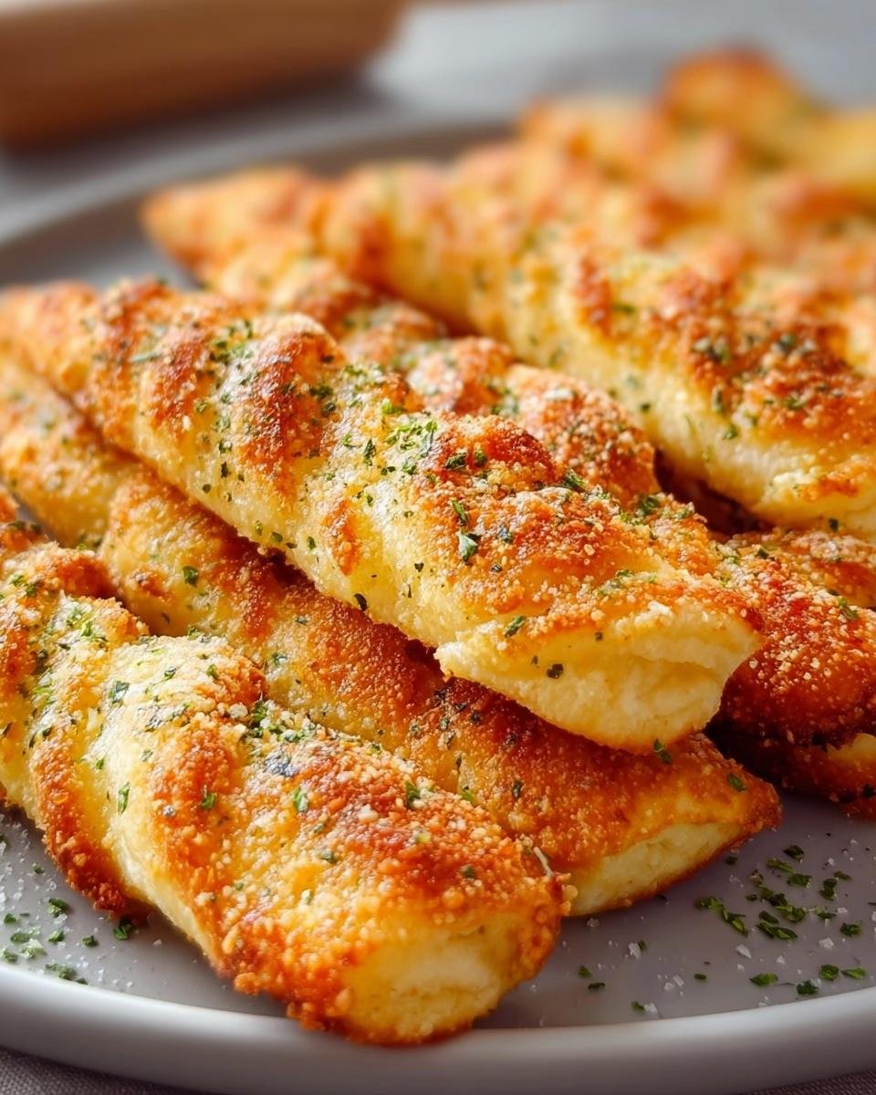 Nahaufnahme von goldbraunen Käsestangen, bestreut mit geriebenem Käse und Petersilie auf einem grauen Teller.