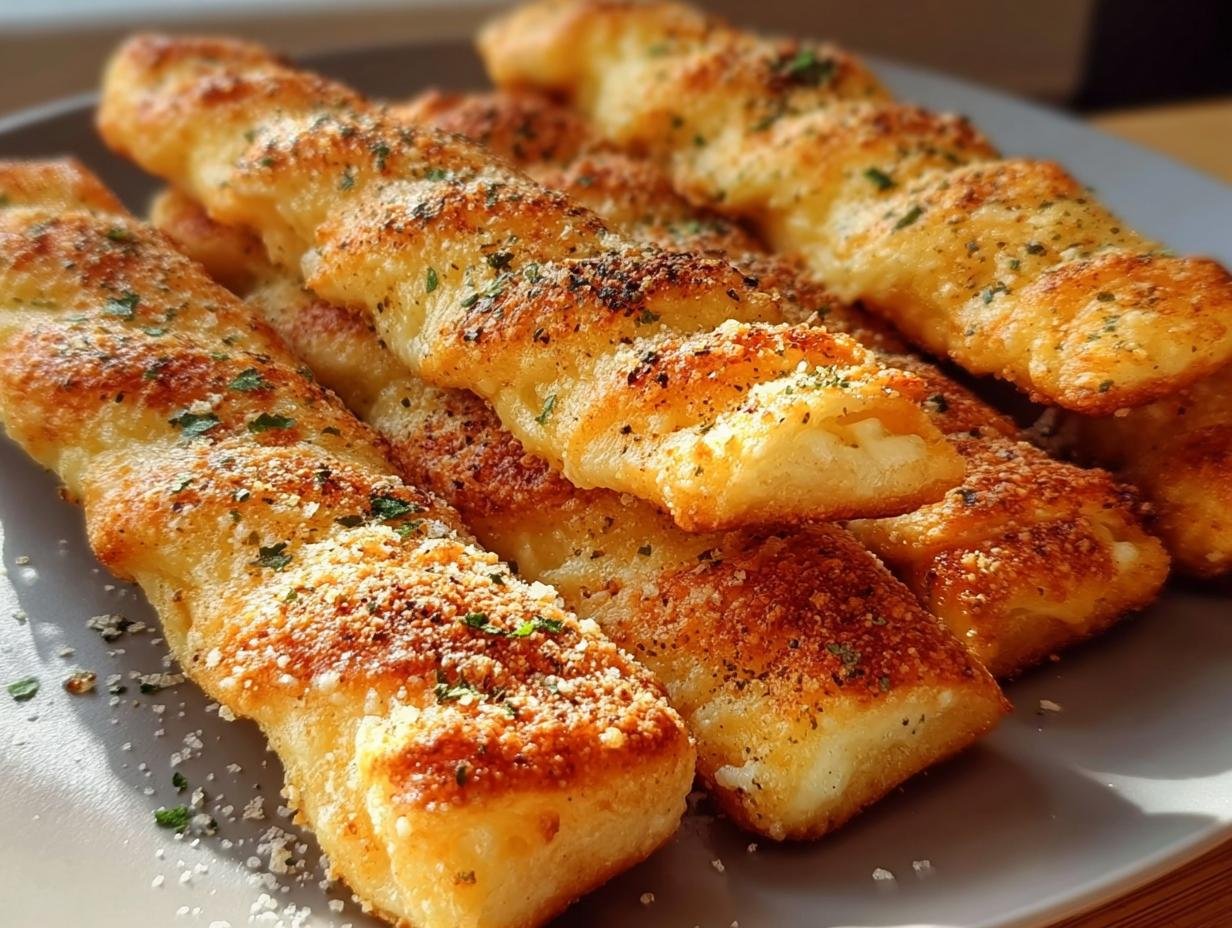 Nahaufnahme von goldbraunen, gebackenen Käsestangen, bestreut mit Parmesan und Petersilie.