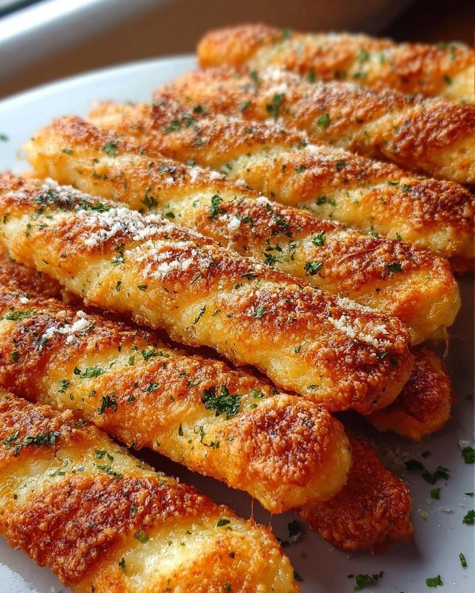 Nahaufnahme von knusprigen, goldbraunen Käsestangen, bestreut mit geriebenem Parmesan und frischer Petersilie.