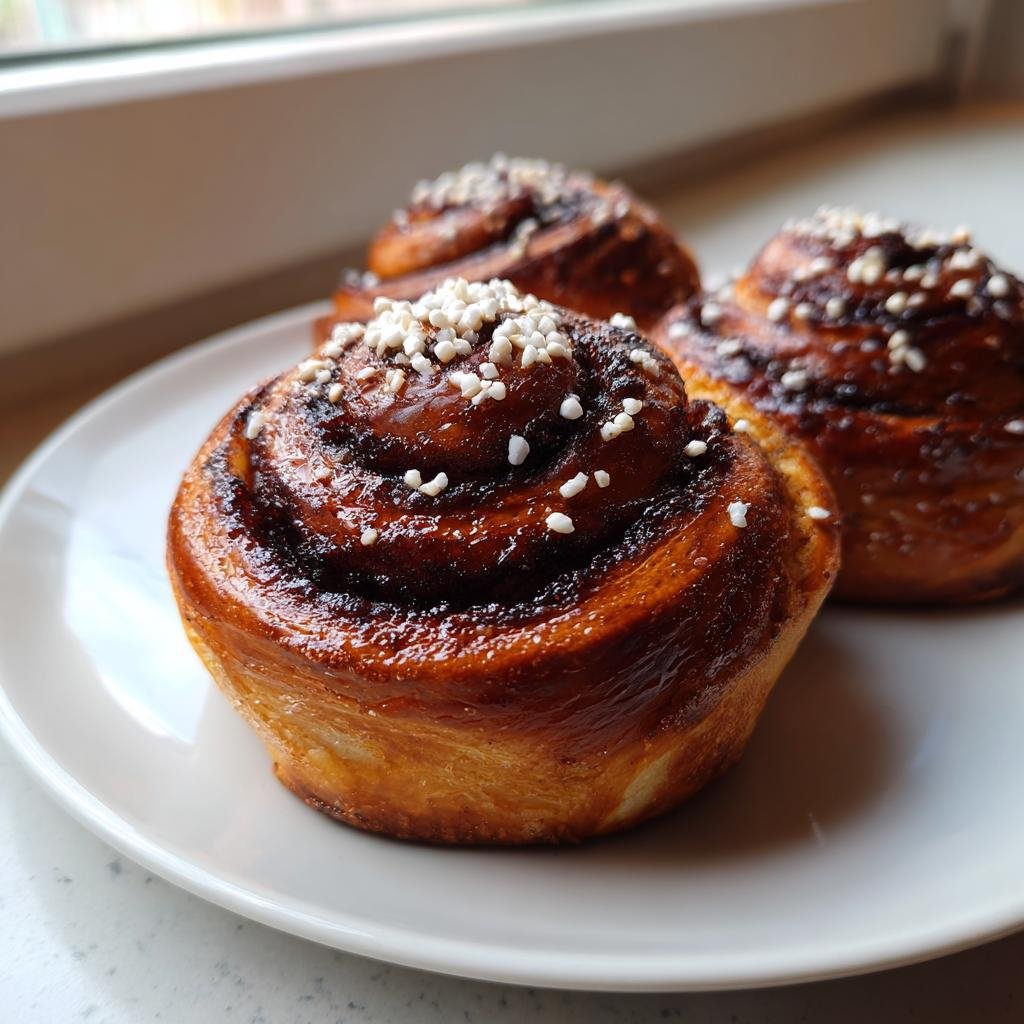 Drei frisch gebackene Kanelbulle, fluffige Zimtschnecken, auf einem weißen Teller, bestreut mit Hagelzucker.