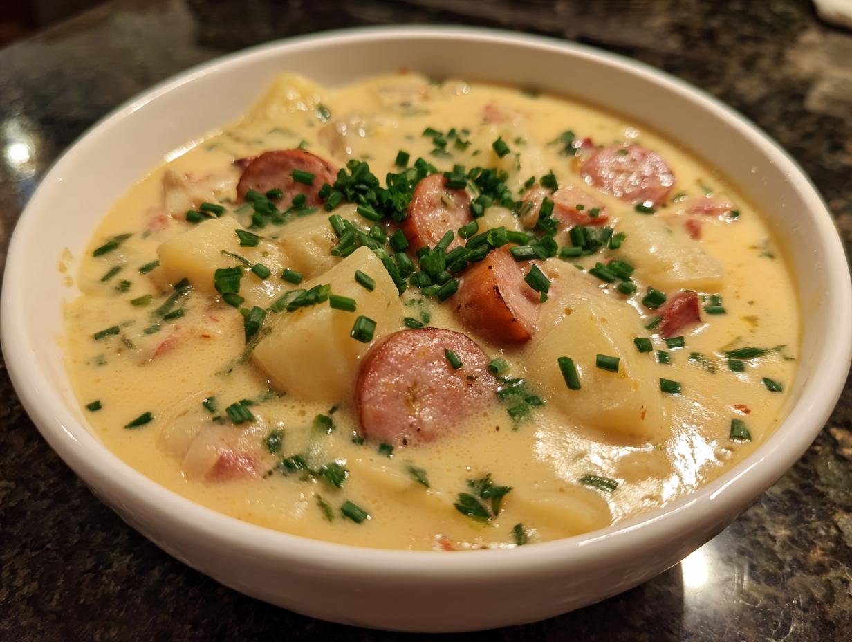 Eine Schüssel cremiger Kartoffelsuppe mit Würstchen-Scheiben und Schnittlauch.