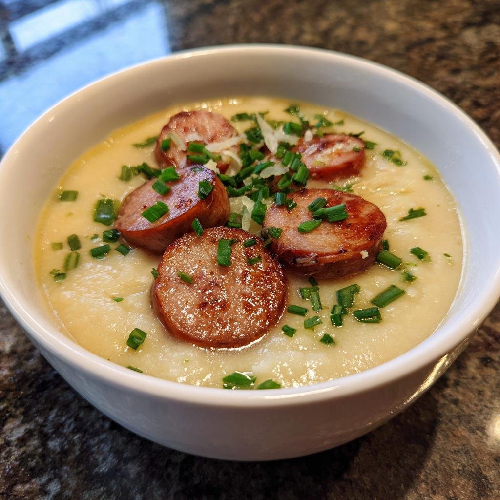 Eine Schüssel cremiger Kartoffelsuppe mit Würstchen, garniert mit Schnittlauch.