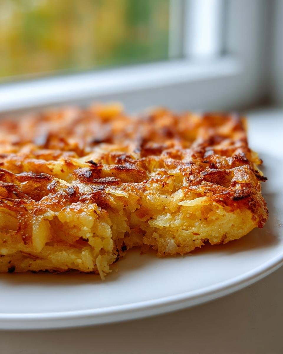 Nahaufnahme einer knusprigen Kartoffelwaffel mit einem Bissen, zubereitet nach einem einfachen Rezept.