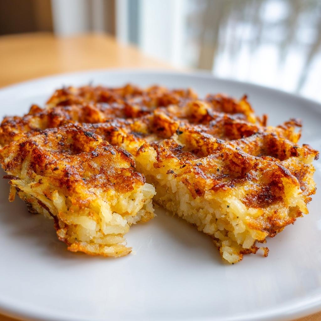 Nahaufnahme einer goldbraun gebackenen Kartoffelwaffel, die in der Mitte durchgebrochen ist, um die Textur der Kartoffelwaffeln einfach knusprig zu zeigen.