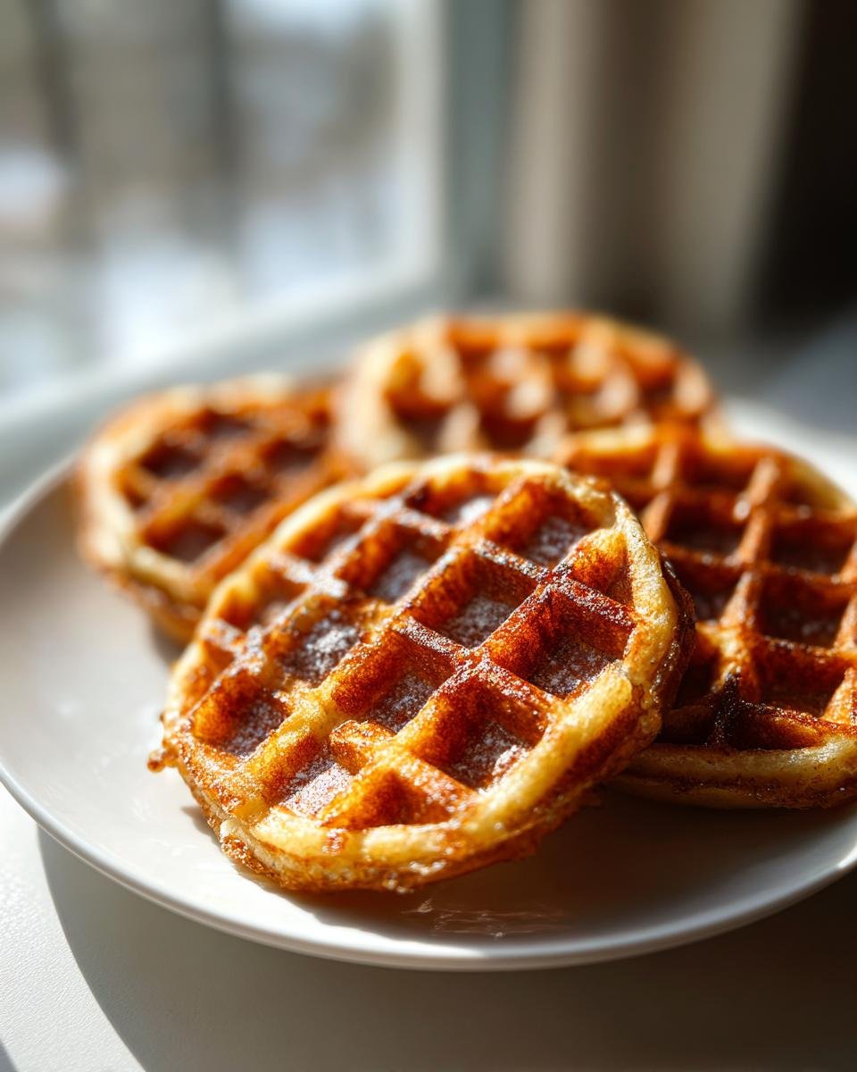 Vier goldbraune, knusprige Kartoffelwaffeln einfach knusprig, bestäubt mit Puderzucker auf einem weißen Teller.