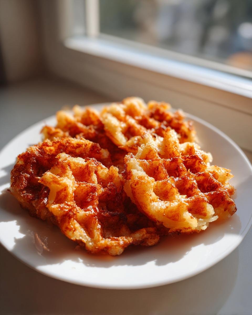 Drei knusprige Kartoffelwaffeln einfach zubereitet, goldbraun gebacken auf einem weißen Teller.