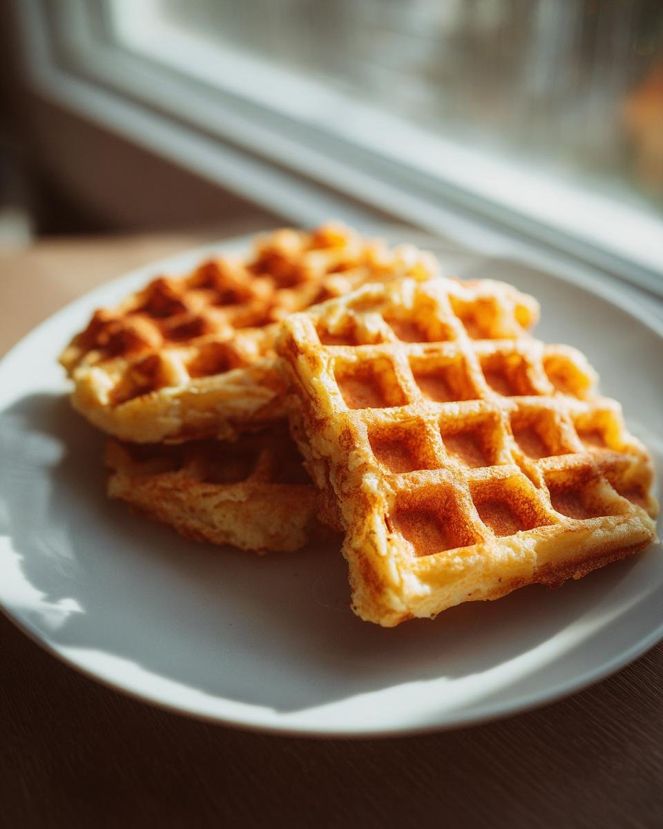 Drei goldbraune, knusprige Kartoffelwaffeln auf einem weißen Teller, beleuchtet durch helles Fensterlicht.