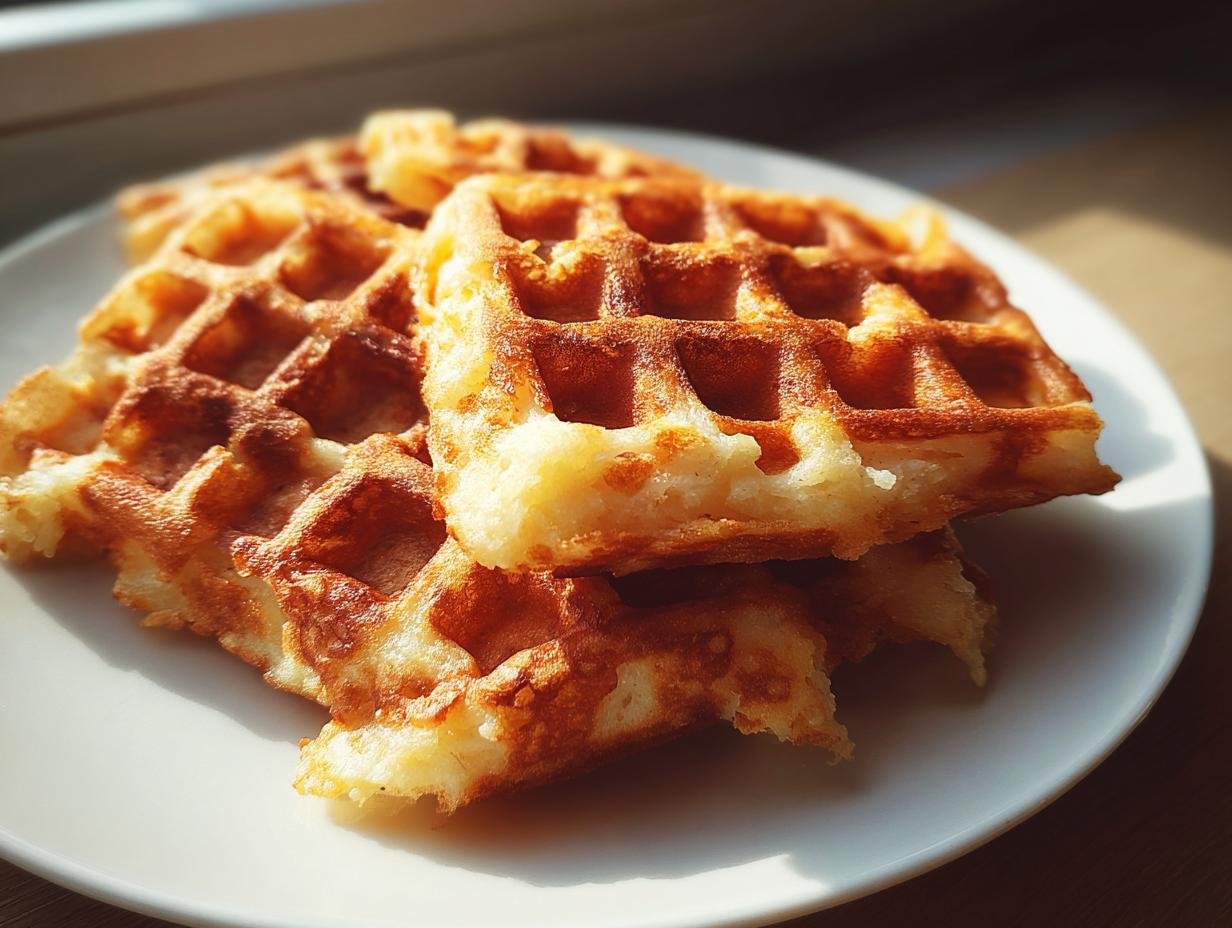 Drei goldbraune, knusprige Kartoffelwaffeln einfach auf einem weißen Teller gestapelt.