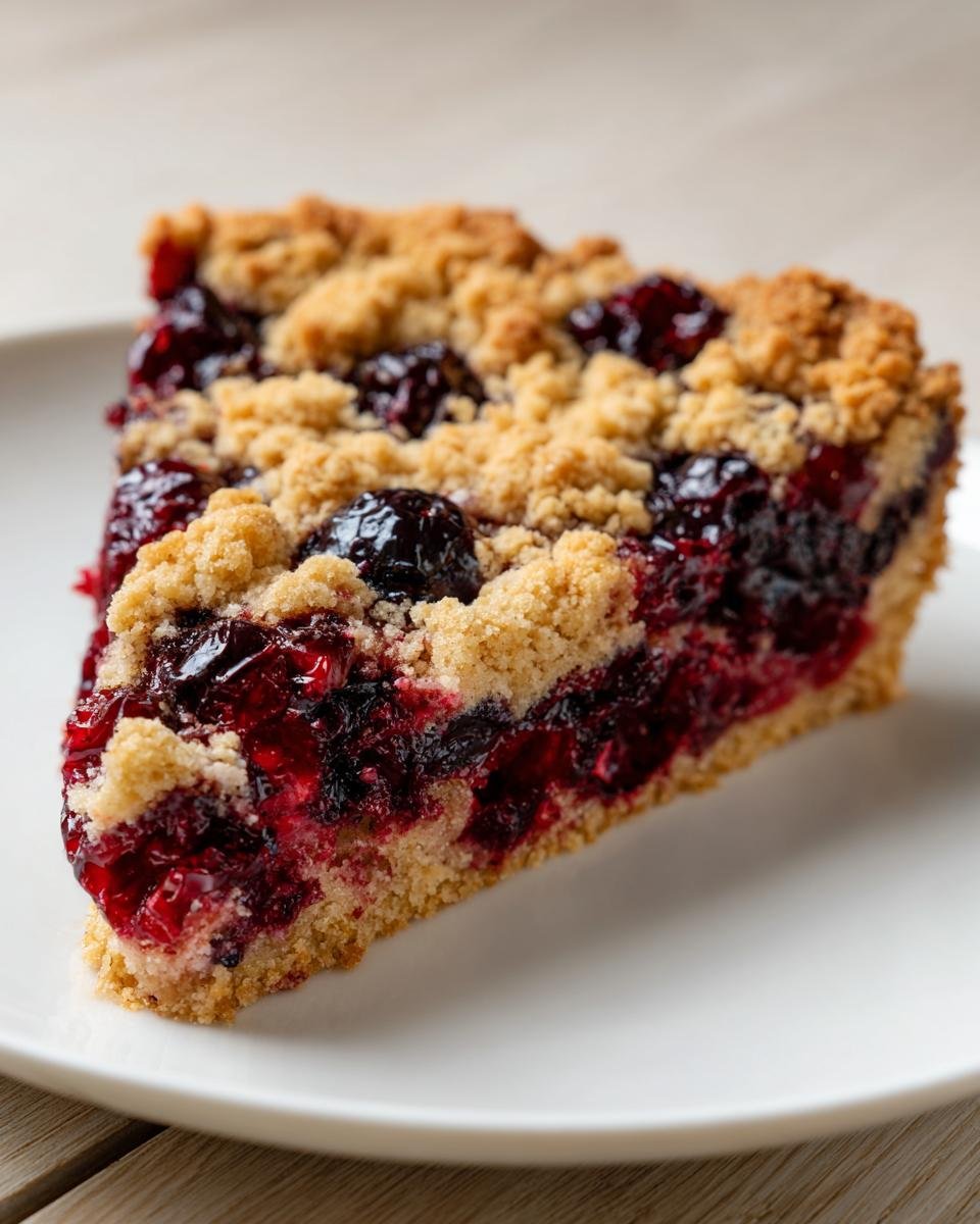 Nahaufnahme eines saftigen Stücks Kirschkuchen mit Streusel, gefüllt mit dunklen Kirschen, auf einem weißen Teller.