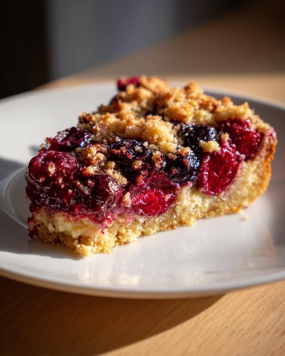 Ein saftiges Stück Kirschkuchen mit Streusel, belegt mit dunklen Kirschen, auf einem weißen Teller.