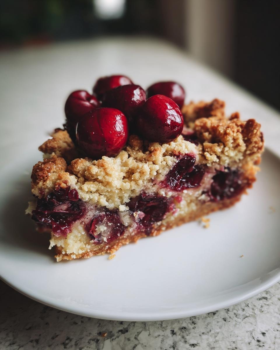 Ein saftiges Stück Kirschkuchen mit Streusel, garniert mit frischen Kirschen, auf einem weißen Teller.
